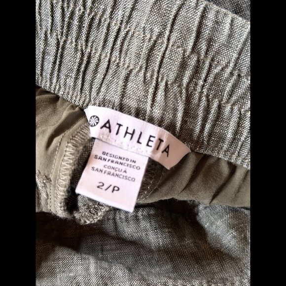 Athleta Pants 2 Petite Womens Green 100% Linen Cropped Elastic Waist - Picture 7 of 9